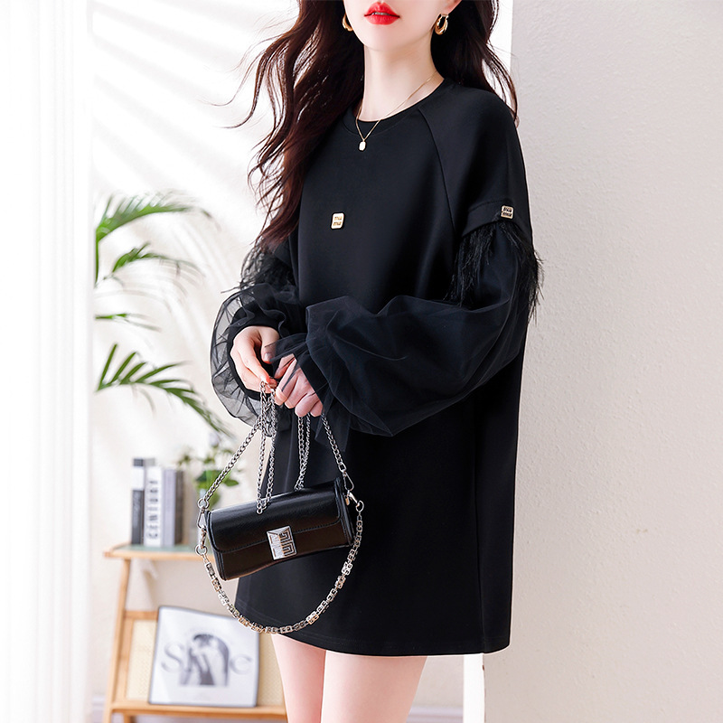 Picture of Real Shot of Casual Mesh Black Sweatshirt for Women, 2025 Autumn New European Style, Plus Size, Loose Long-Sleeve Top, Trendy