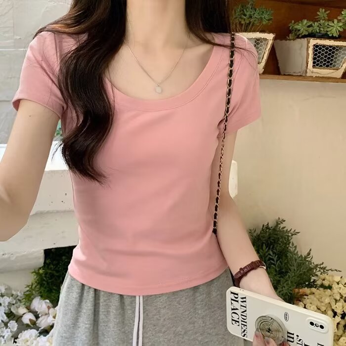 Right Shoulder Short-Sleeved T-Shirt for Women Summer 2024 New Mint Mambo Style Slim Fit U-Neck Short Top