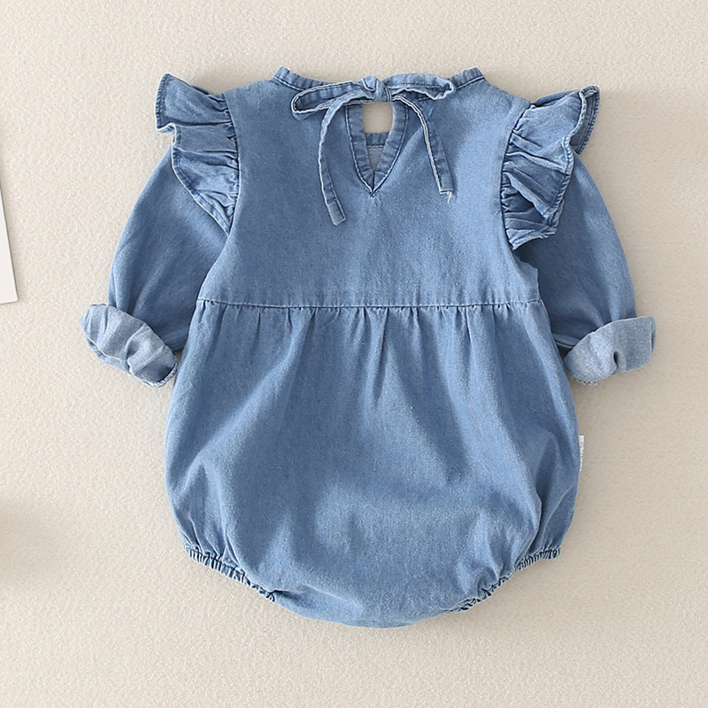 Picture of Baby jumpsuit spring and autumn dress baby girl denim shirt outer wear triangle climbing suit 5 princess 6 ha clothes 3 months 9