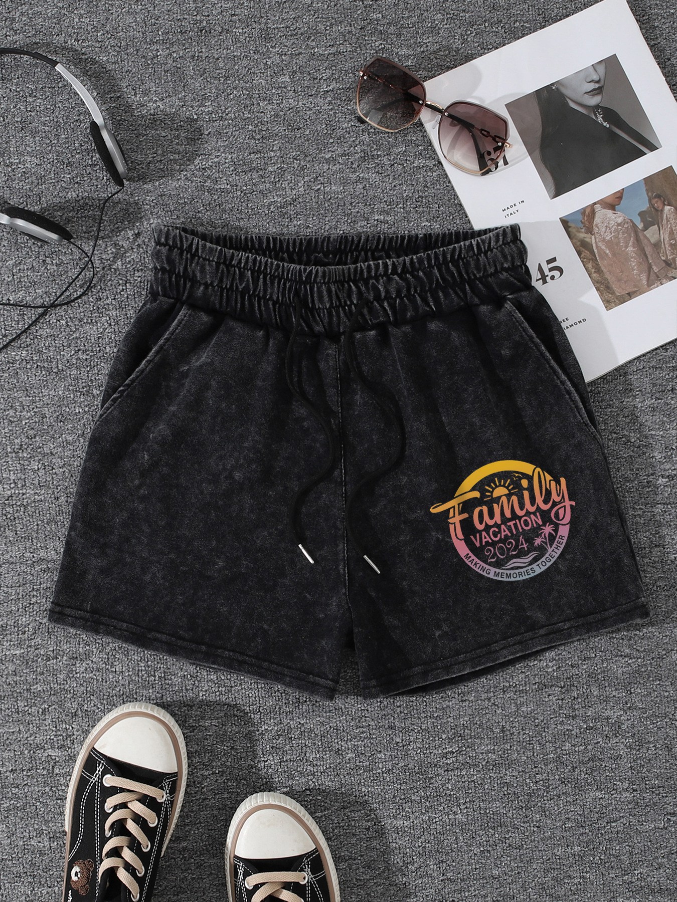 Cotton 62%/Polyester (Polyester Fiber) 38%/Women's Snowflake Shorts Beach Badge Print Retro Casual