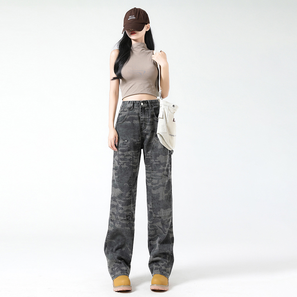 American Vintage Washed Army Green Camouflage Pants Design Sense Pocket Loose Straight Casual Women's Summer New Pants