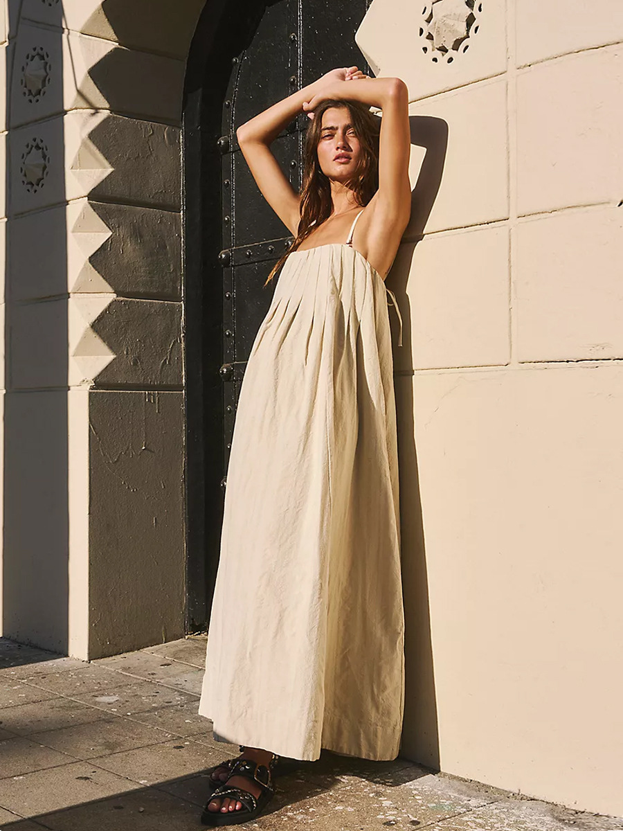 Cross-border apricot Sling Long dress European and American 2025 Summer New Cotton Long Dress Comfortable Loose dress