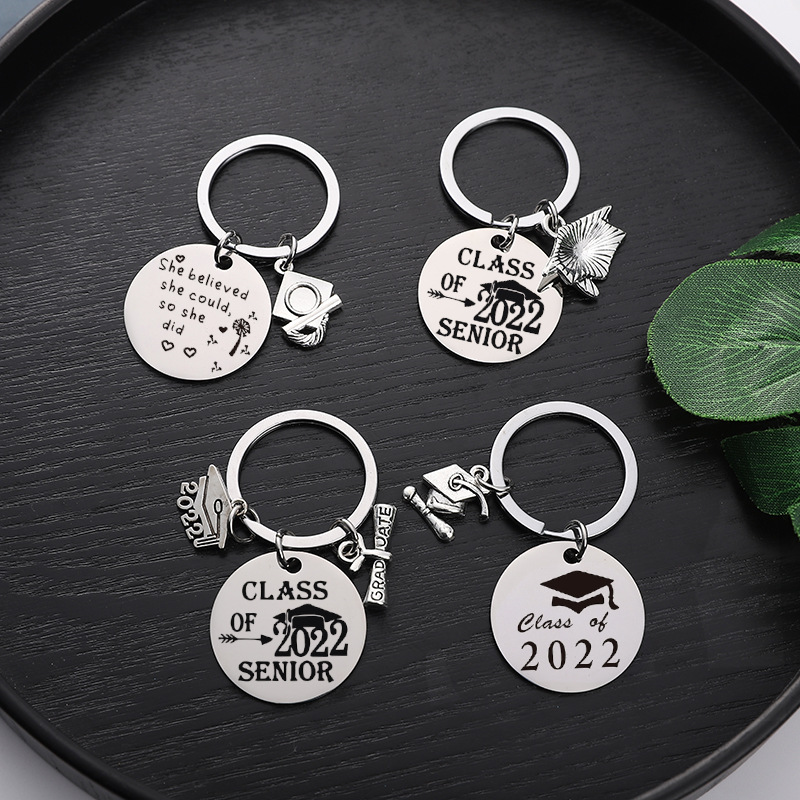 Stainless Steel Keychain European and American Cross-border 2022 Graduation Season Small Gift Engraving Round Brand Graduation Season Creative Gift