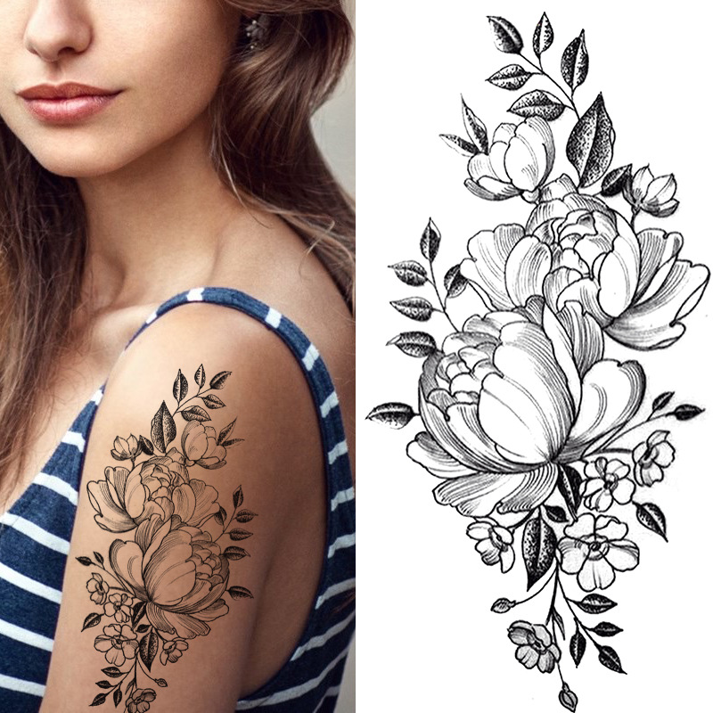 Picture of Cross-Border Supply of Sketch Flower Tattoo Stickers, Sketch Tattoo Stickers, Rose Flower Black and White Flower Tattoo