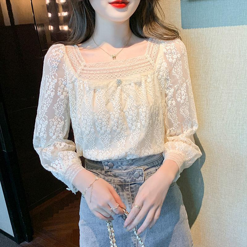 Picture of Lace Base Shirt Women's Wear Autumn and Winter 2024 New Fashion Western Style Square Collar Chiffon Shirt All-match Top