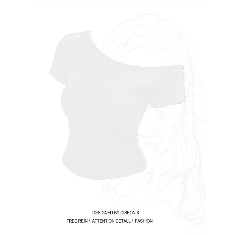 Picture of Ribbed American Letter Slant Collar Off-Shoulder Pure Desire Short T-Shirt Summer Sexy Waist Slimming Short-Sleeved Top for Women