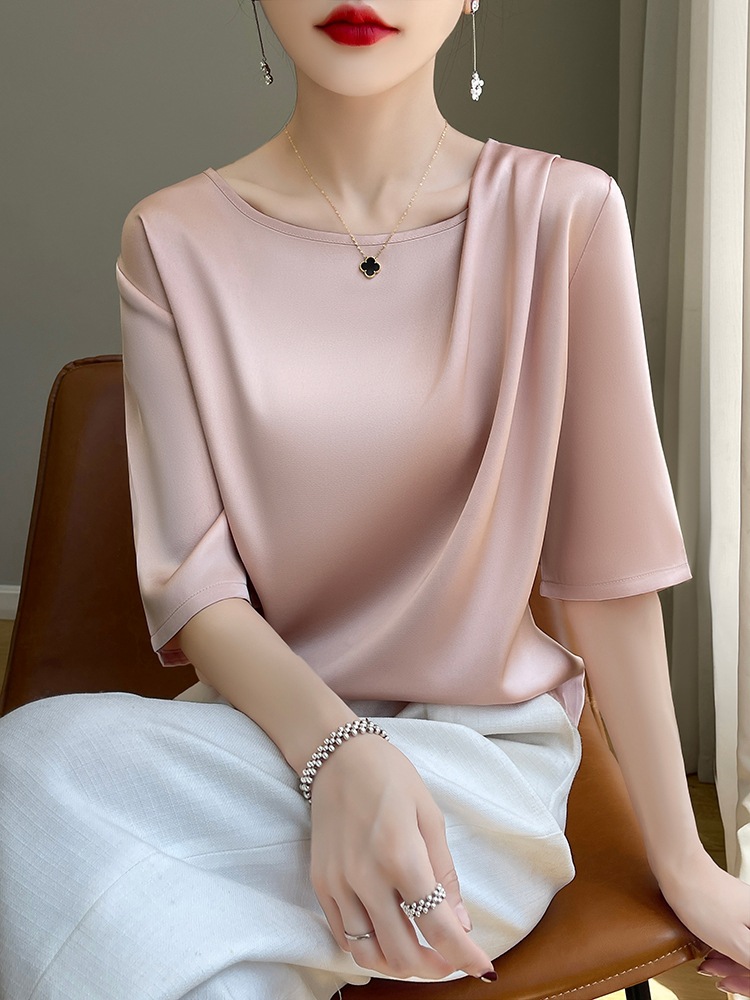 Short-Sleeved Women's T-Shirt Design Non-Silk Satin Short-Sleeved Top Women's Summer High-End Silk Short-Sleeved T-Shirt Women's T-Shirt