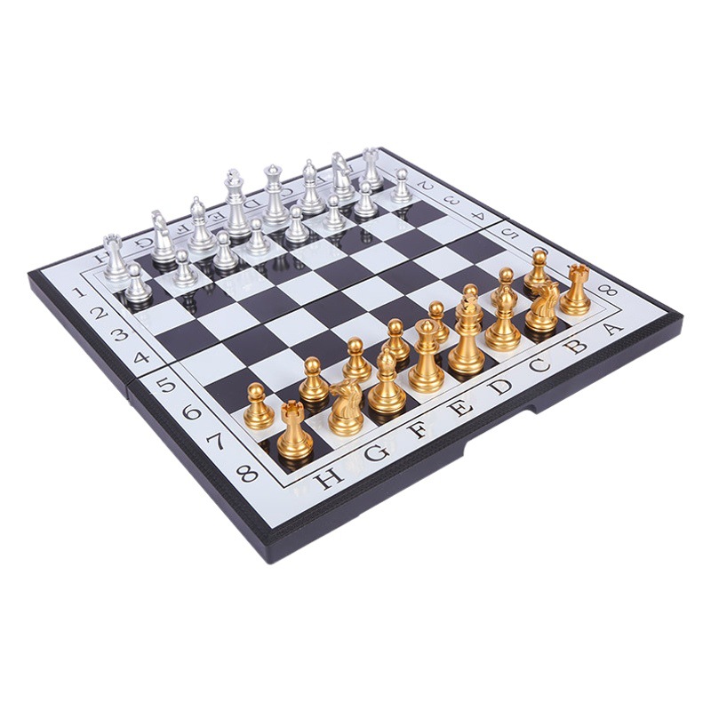 Magnetic Chess Black and White Gold and Silver Chess Pieces Cross-Border English Packaging Foldable Chessboard Magnet Chess