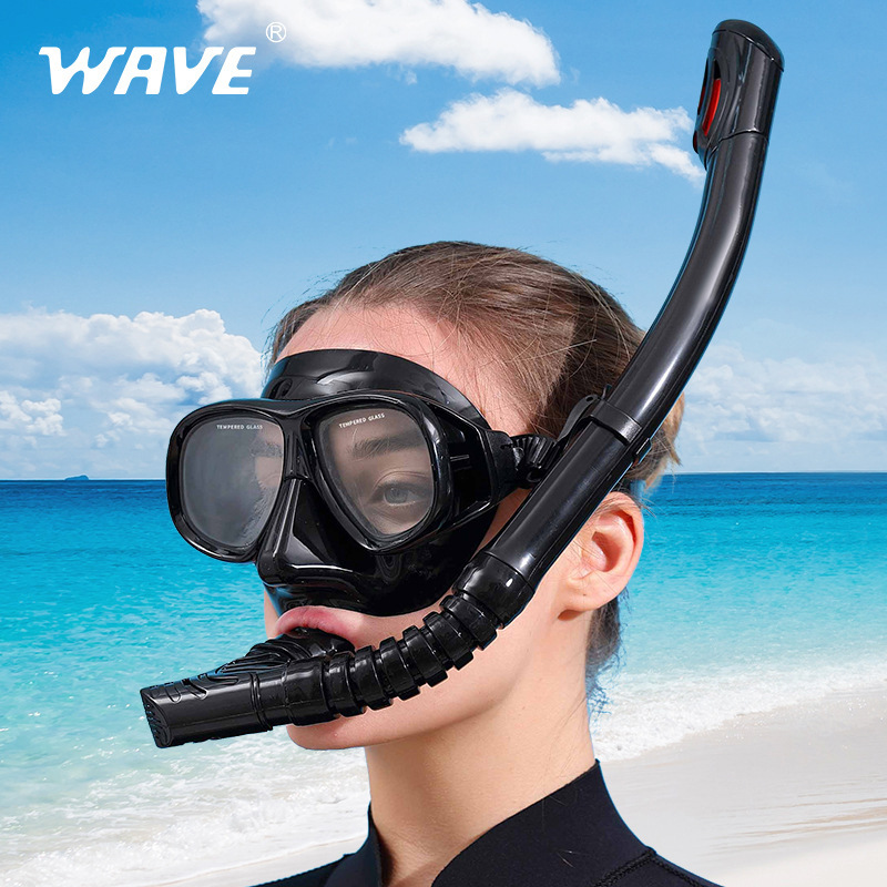 Picture of wave professional snorkeling two-piece silicone full dry breathing tube large frame with degrees diving goggles