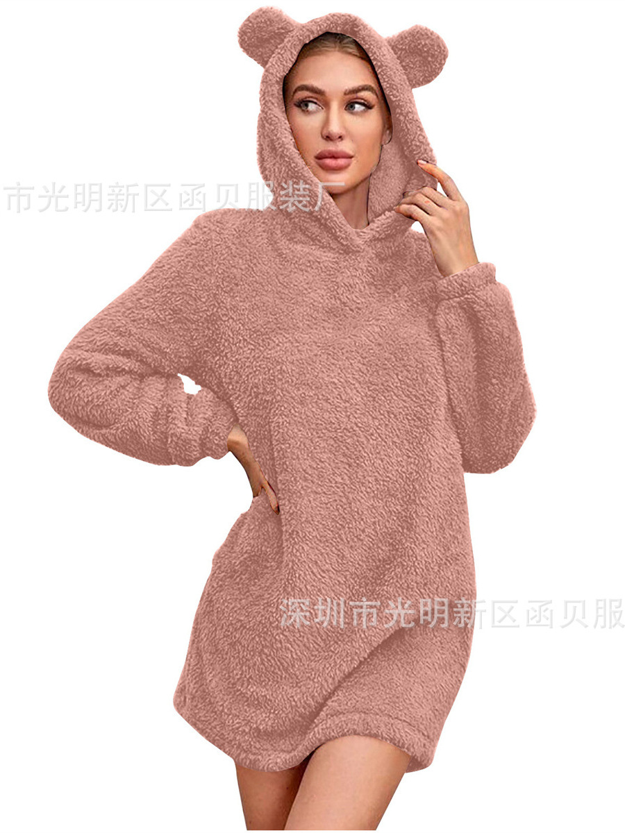 Picture of European and American Cross-border Amazon 2024 Autumn and Winter New Ear Hooded Loose Plush Long Sleeve Women's Wei Skirt Coat