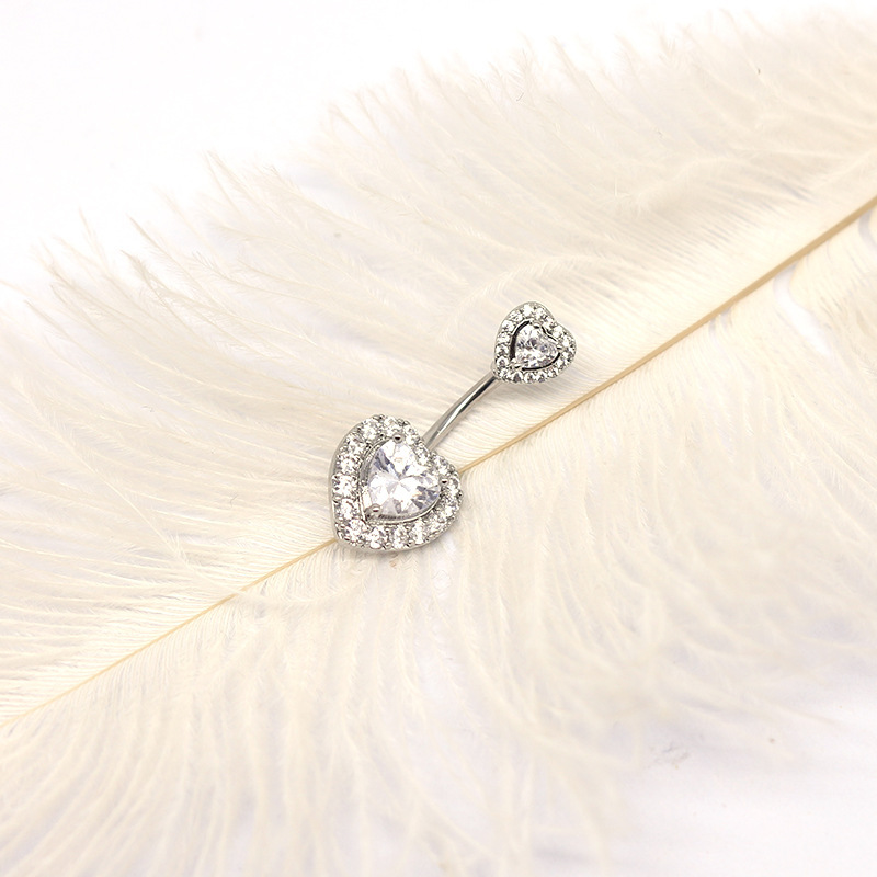 Double Heart-Shaped Stainless Steel Belly Button Ring with Heart-Shaped Navel Stud and Zircon Inlay Navel Jewelry