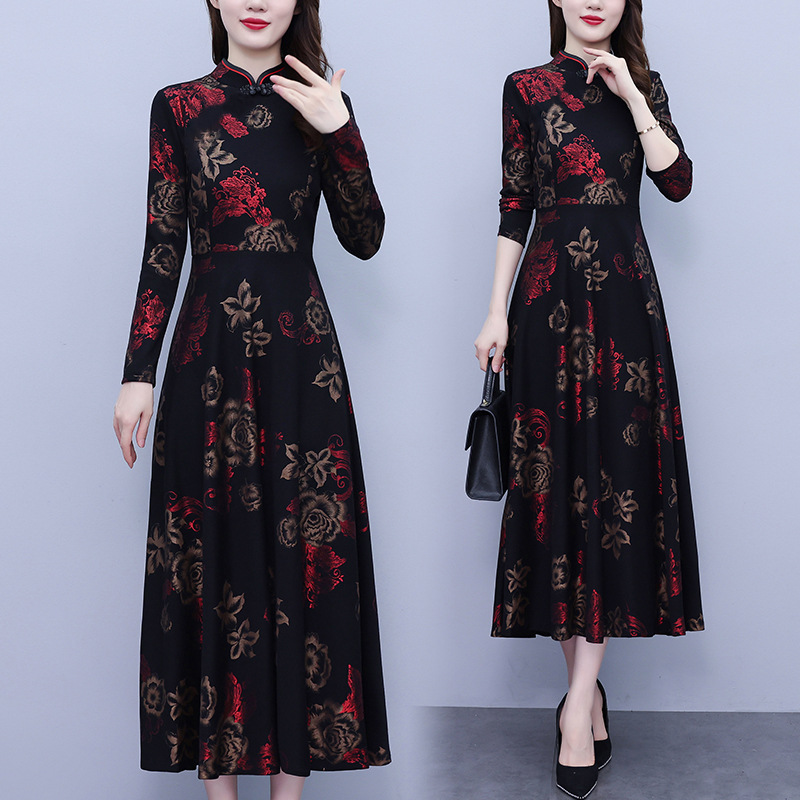 Southeast Asia Long-sleeved Floral dress Women's Spring and Autumn Cross-border New Style Wide Wife Elegant Slimming Printed Long Skirt