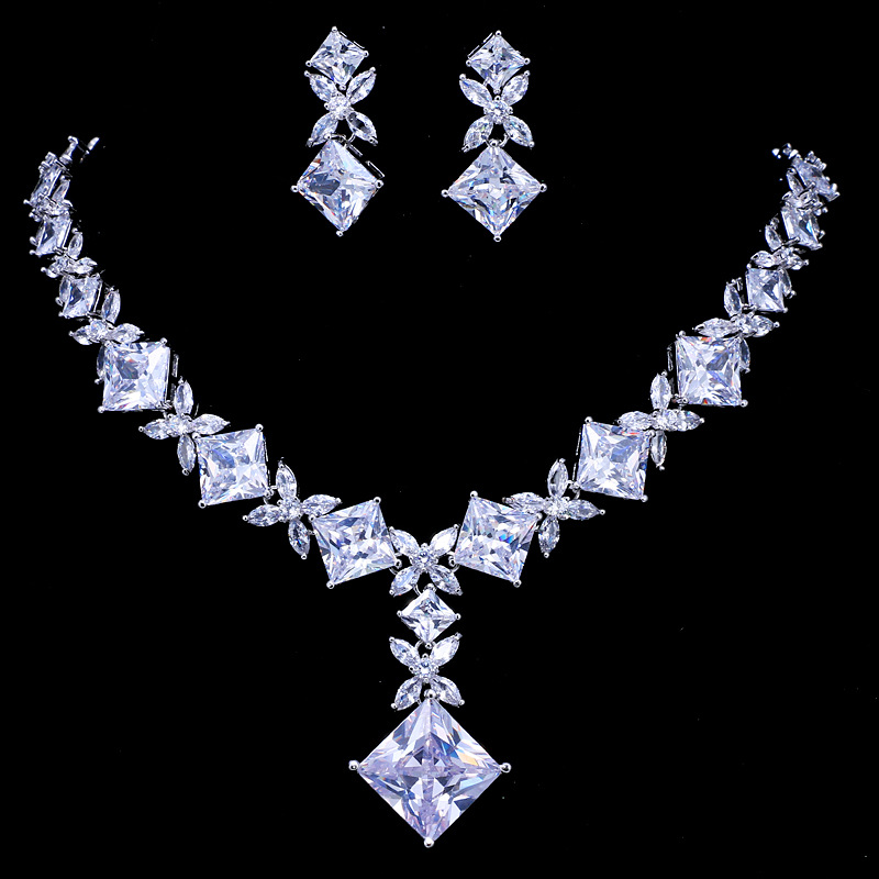 wish cross-border bride two-piece design simple square zircon necklace earring set female manufacturers wholesale