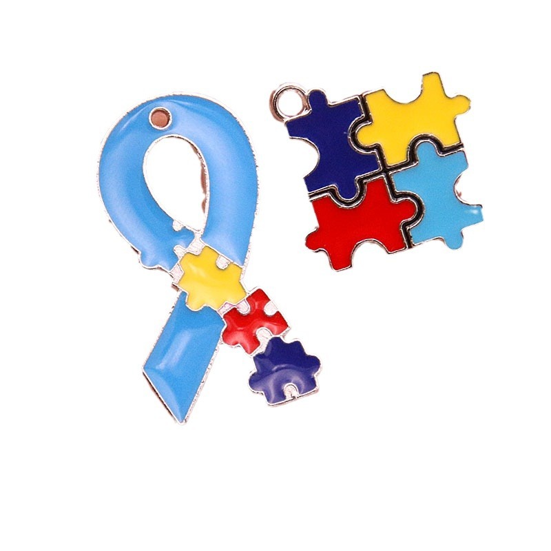 Picture of 8 Styles, 2 Colors DIY Alloy Jewelry Contrasting Color Puzzle Autism Pendant Round Heart Puzzle Asymmetrical Pendant