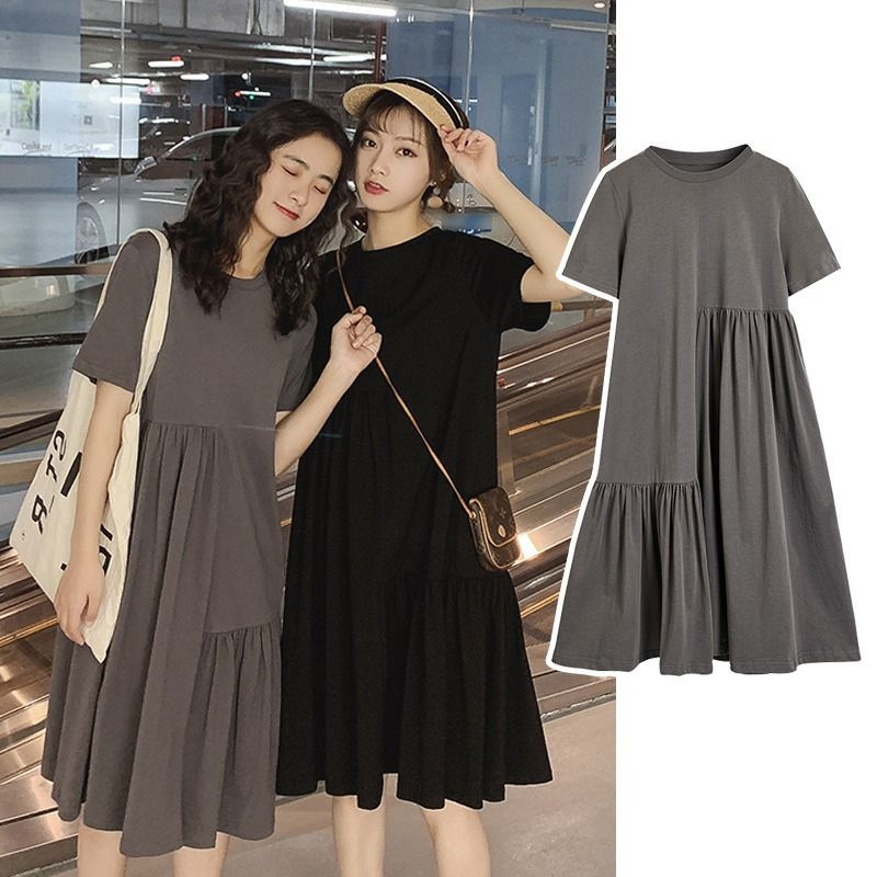 Maternity Summer Clothing New Fashion Plus-Size Tops and Midi Skirts New Design Solid Color Slimming T-Shirt Trendy Dress