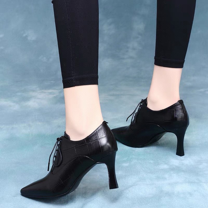 Picture of Women's Shoes 2024 Spring New Deep Mouth Single Shoes Embossed Plaid Leather Pointed Toe Fashion British Style High Heel Ankle Boots