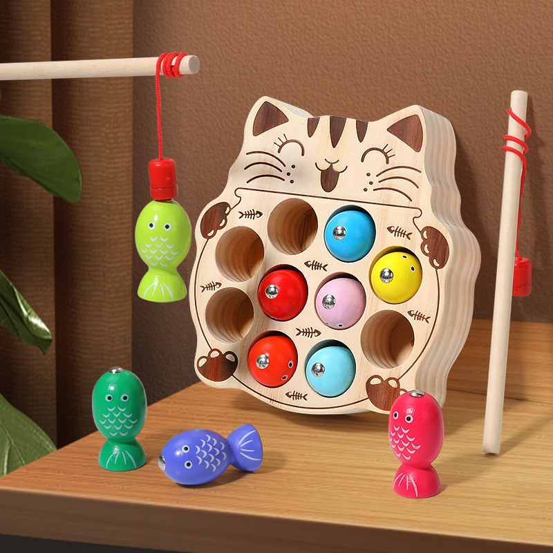 Picture of cpc children's educational toys magnetic kitten fishing games concentration training wooden fishing magnetic toys