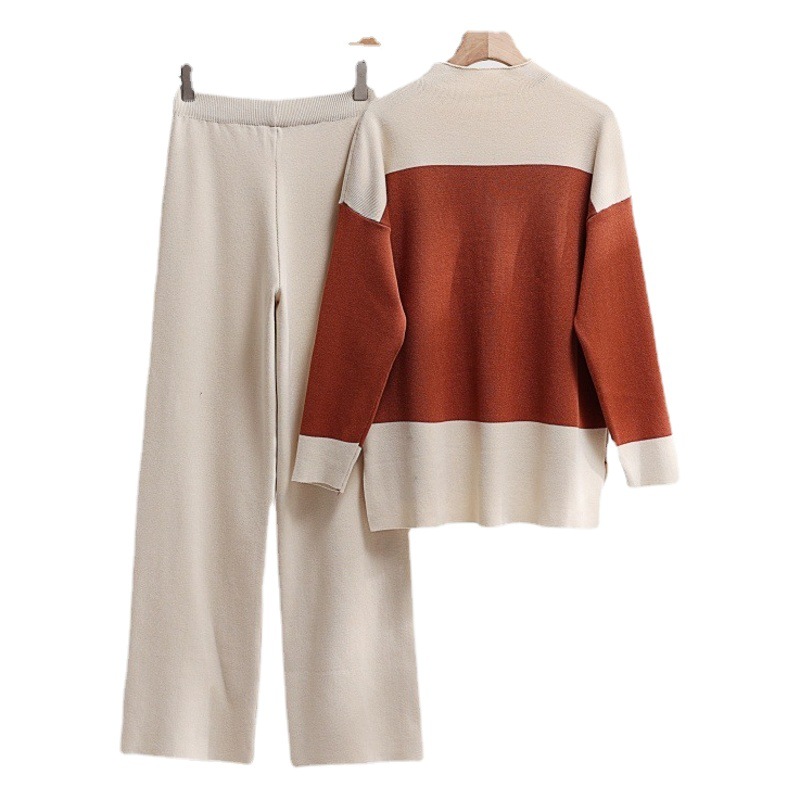 European Fashionable Elegant Suit 2025 Autumn and Winter New Style Spliced Contrasting Knitted Top + Pants Two-Piece Sweater Set