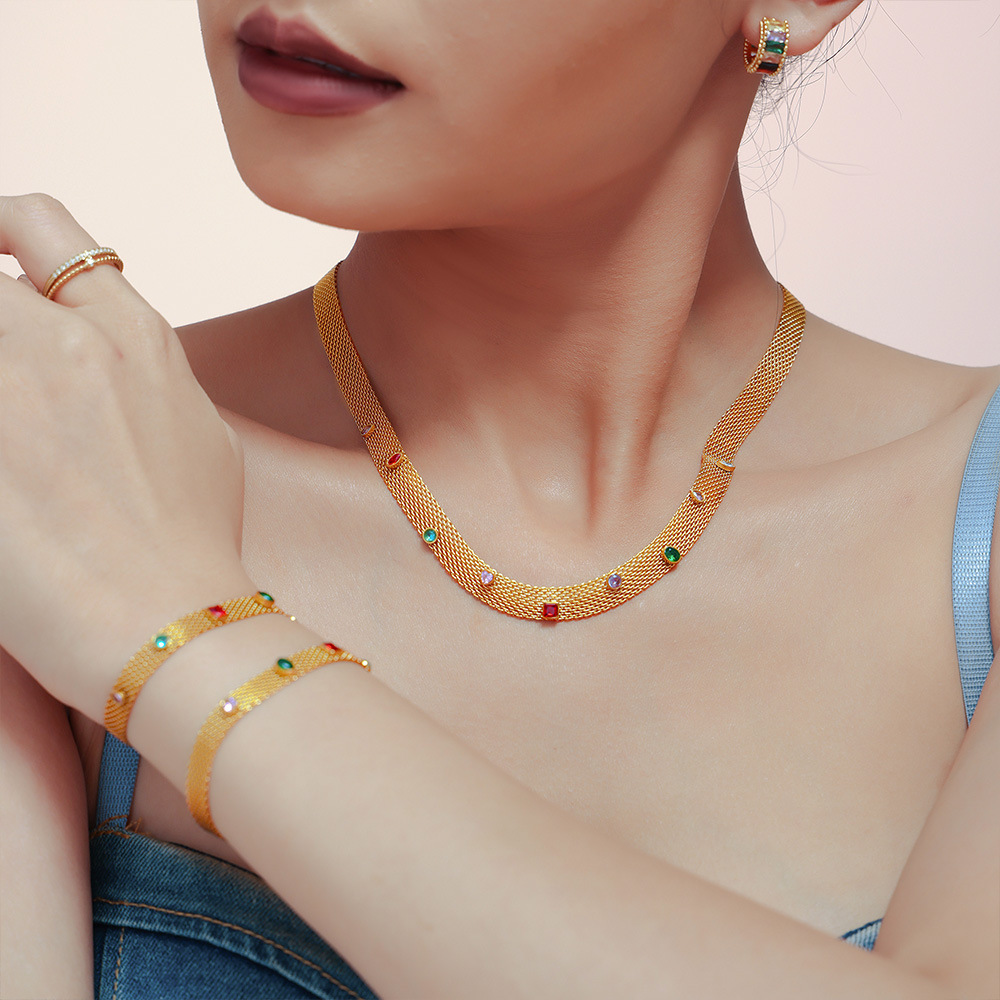 Xinyixin jewelry mesh chain webbing geometric colorful zircon necklace bracelet suit titanium steel PVD plating does not fade