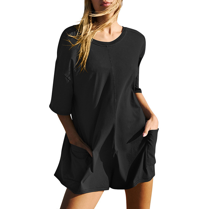 Picture of Amazon European and American Women's Independent Station New Loose Casual Pocket Pumpsuit Short Sleeve V-Neck Backless Pumpsuit