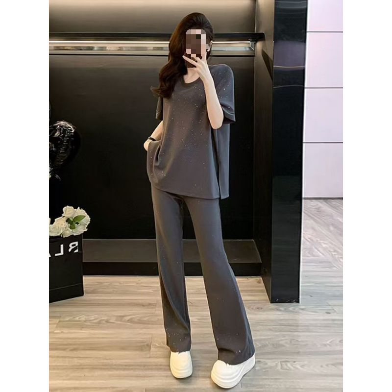New Style Small Solid Color Personalized Simple Socialite Short-sleeved T-shirt Wide-leg Pants Casual Sports suit Women