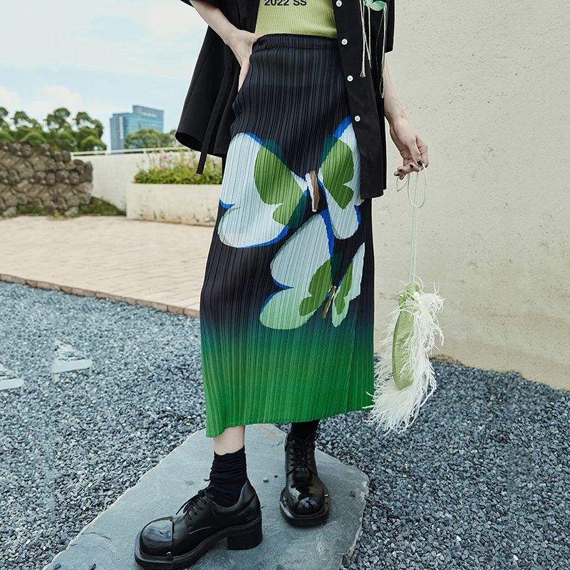 Picture of Niche design pleated skirt spring and summer thin elastic waist printed slimming age-reducing hip slit pleated skirt