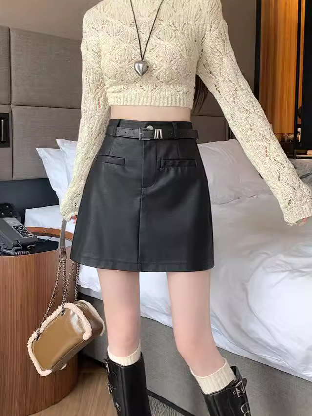 Picture of Black Leather Skirt Women's Spice Girl Skirt 2024 Autumn and Winter High Waist Straight Tube Slimming Tall A- word Anti-glare PU Skirt