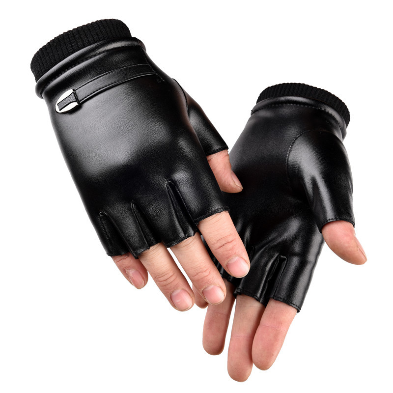 Picture of Student Men's Winter Fleece-lined Warm Half-finger Gloves Imitation Leather Riding Gloves Driving Fitness Thickened Soft Leather Gloves