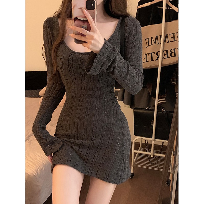 Pure desire style hot girl long-sleeved knitted dress women's autumn skirt cover belly slimming off-shoulder sexy skirt