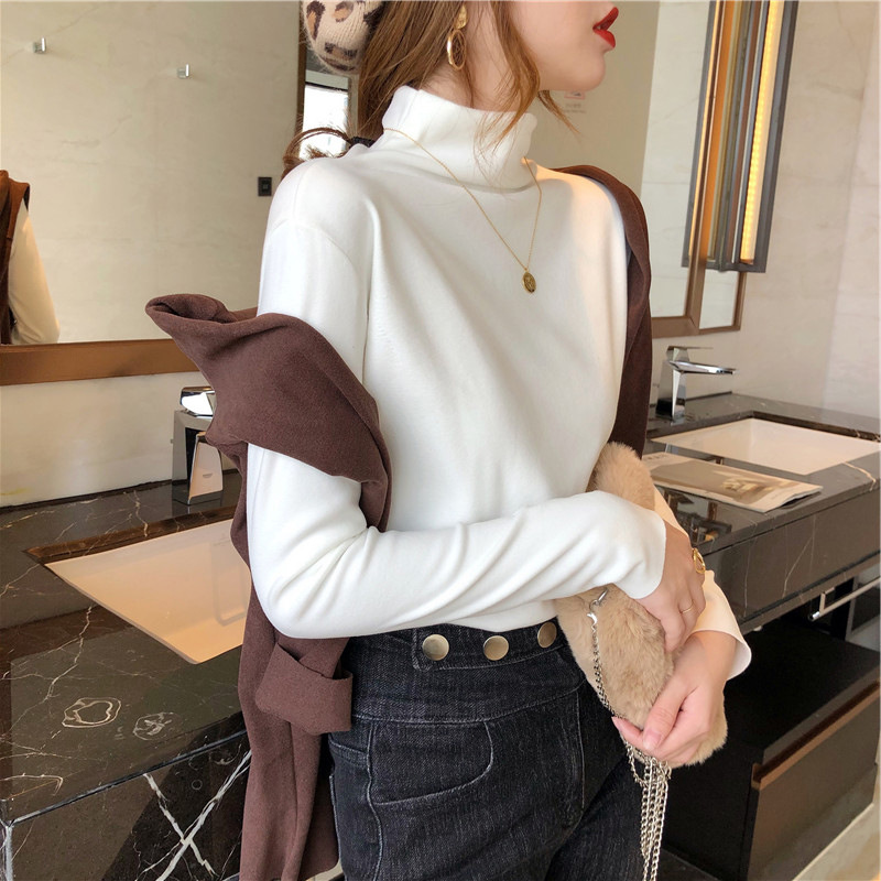 Autumn and Winter T-Shirt Slim Fit Top Feminine Tight Versatile Half Turtleneck Pure Color Long-Sleeved Bottoming Shirt for Women