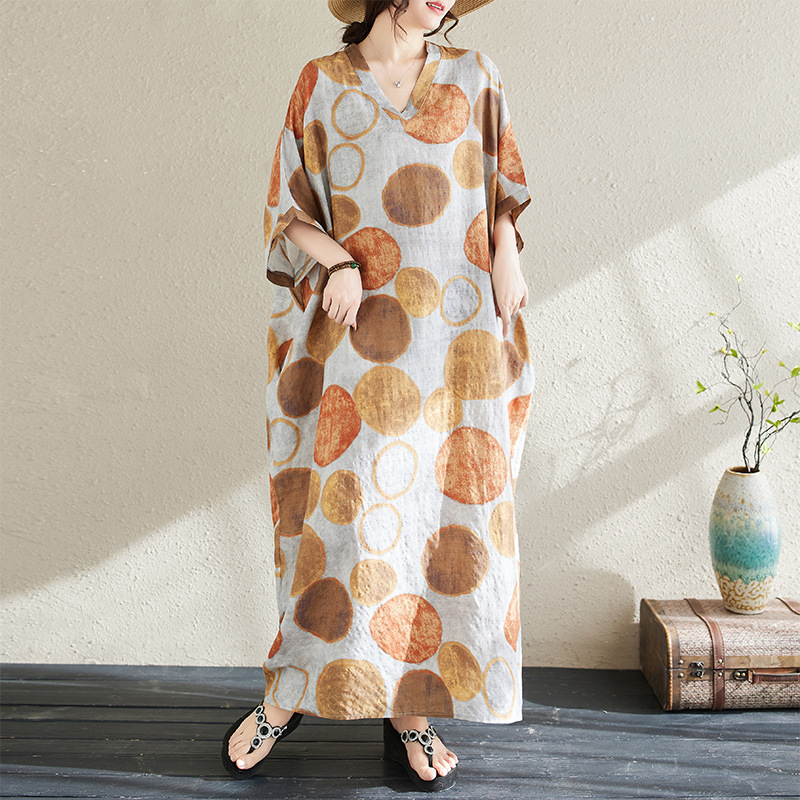 Bohemian Vintage Printed V-Neck Large Size Dress for Chubby Girls New Artistic All-match Artistic Large-length Dress for Women