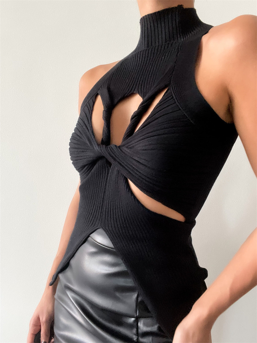 2025 European and American Sexy Asymmetrical Sleeveless Cut Out Twist Woolen Vest Women's Half Turtleneck Pure Color Crop Top