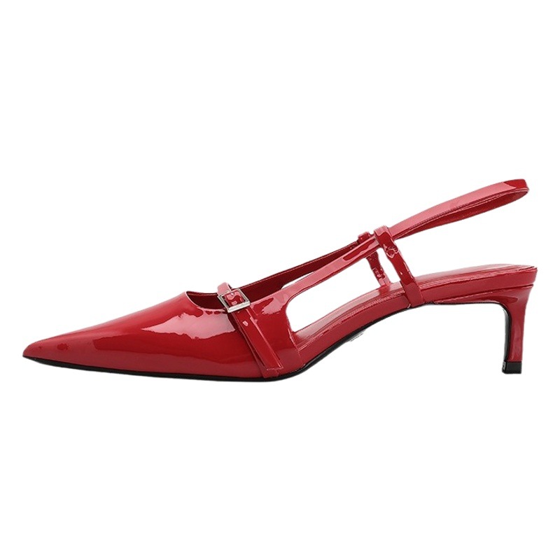 Red Fine Pull Belt Lew Heel Cat Heel Mule Shoes French Sexy Patent Leather Pointed Toe Women's Empty Sandals