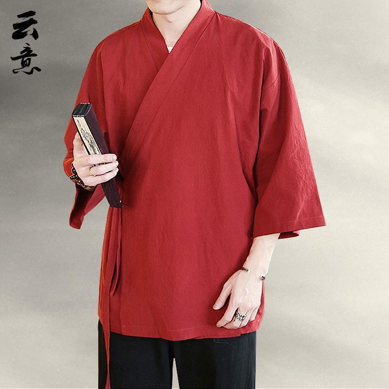 Picture of Seven-point Sleeve Hanfu Men's Summer Chinese-style Slant-breasted Top Zen-style Jumpsuit Ancient Style Tea Clothes Cotton-linen Robe Coat