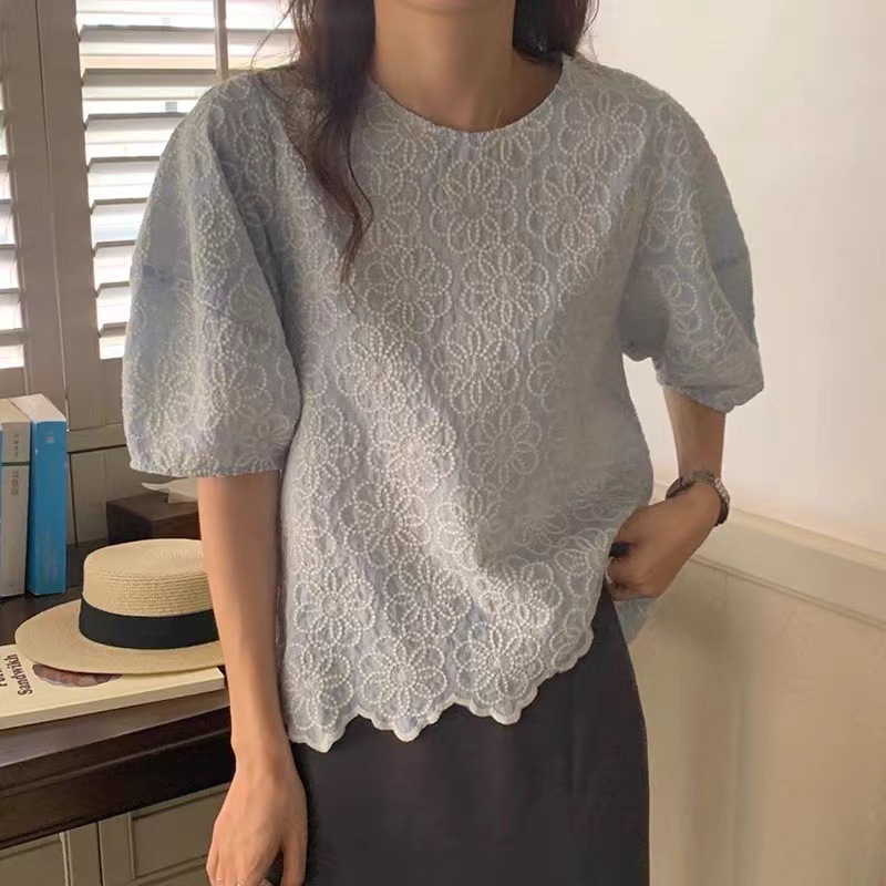 Picture of Korean style chic puff sleeve top for women new design sense niche chic heavy embroidery flower loose shirt