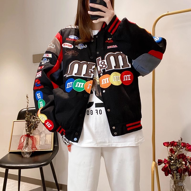 Picture of Spring American High Street Letter mm Bean Embroidered Baseball Jacket Color Matching Couple Loose Racing Suit Jacket