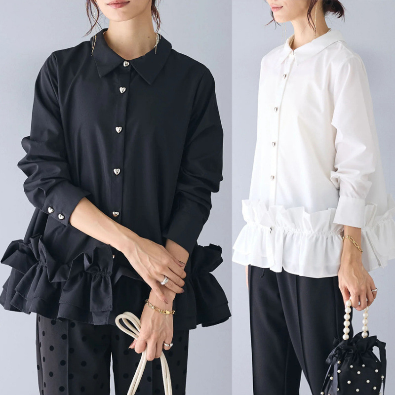 Multiplication New Women's Handmade Flower Stitching Women's Vertical Collar Fashion Shirt White Collar Women's Top