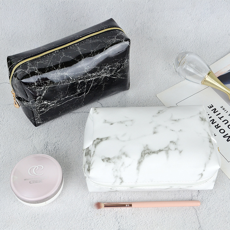 Picture of Black and white stone pattern glossy PU leather square clutch high-end simple waterproof portable travel makeup storage bag