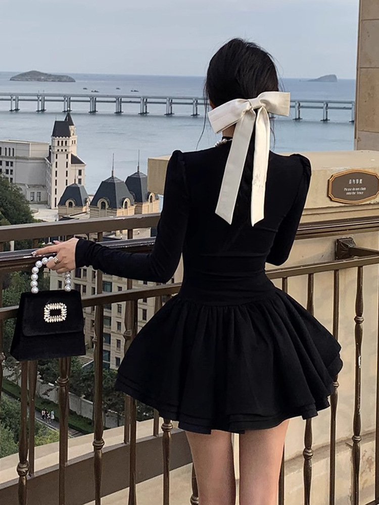 Little Black Dress Long-Sleeved Dress Women's Autumn New Waist-Cinching Knitted Tutu Skirt Princess Birthday Short Dress