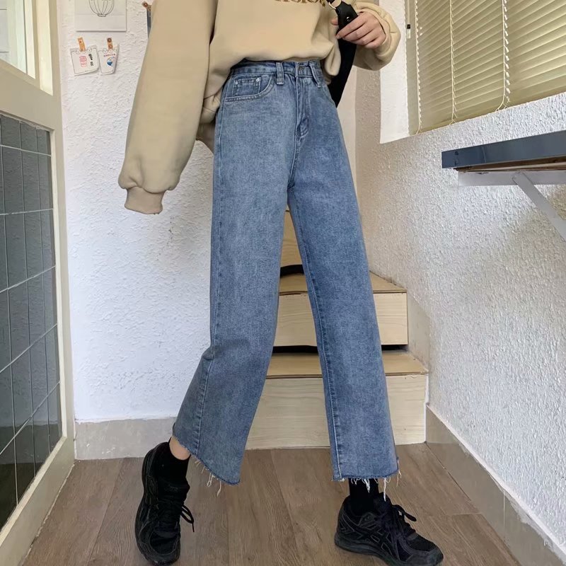 Picture of Spring and Autumn High-Waisted Wide-Leg Jeans for Fat Girls, Large Size, Loose and Slim, Nine-Point Raw Edge Straight Retro Style