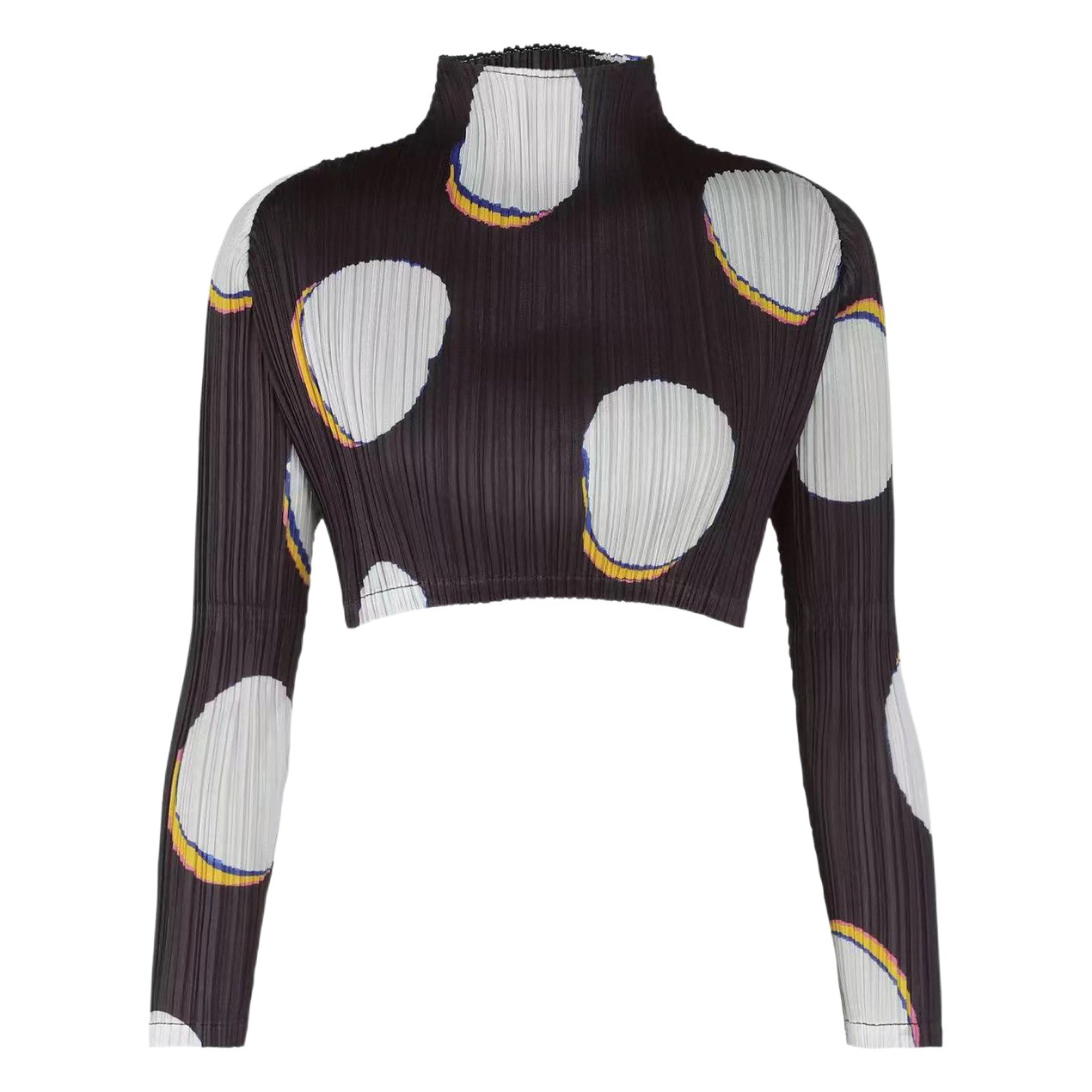 Early spring PP New Year Fu Dou series pleated high waist long sleeve top pleated artistic cute navel half turtleneck top