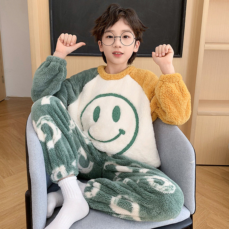 Picture of Autumn and Winter Plush Children's Pajamas Boy's Cute Cartoon Thickened Warm Coral Fleece Children's Home Clothes