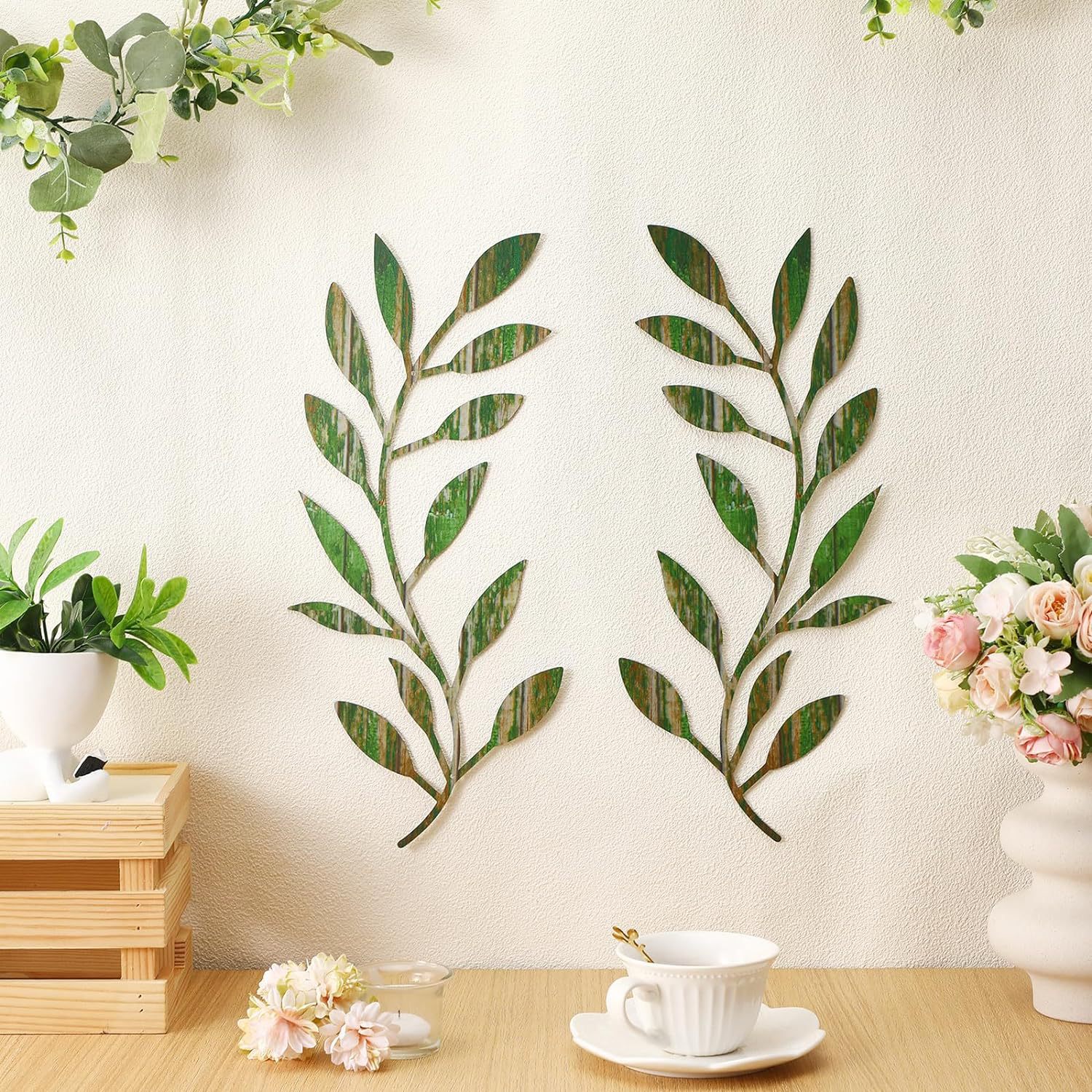 Cross-border spot metal wrought iron leaves wall decoration rattan olive tree branches and leaves wall living room outdoor decoration