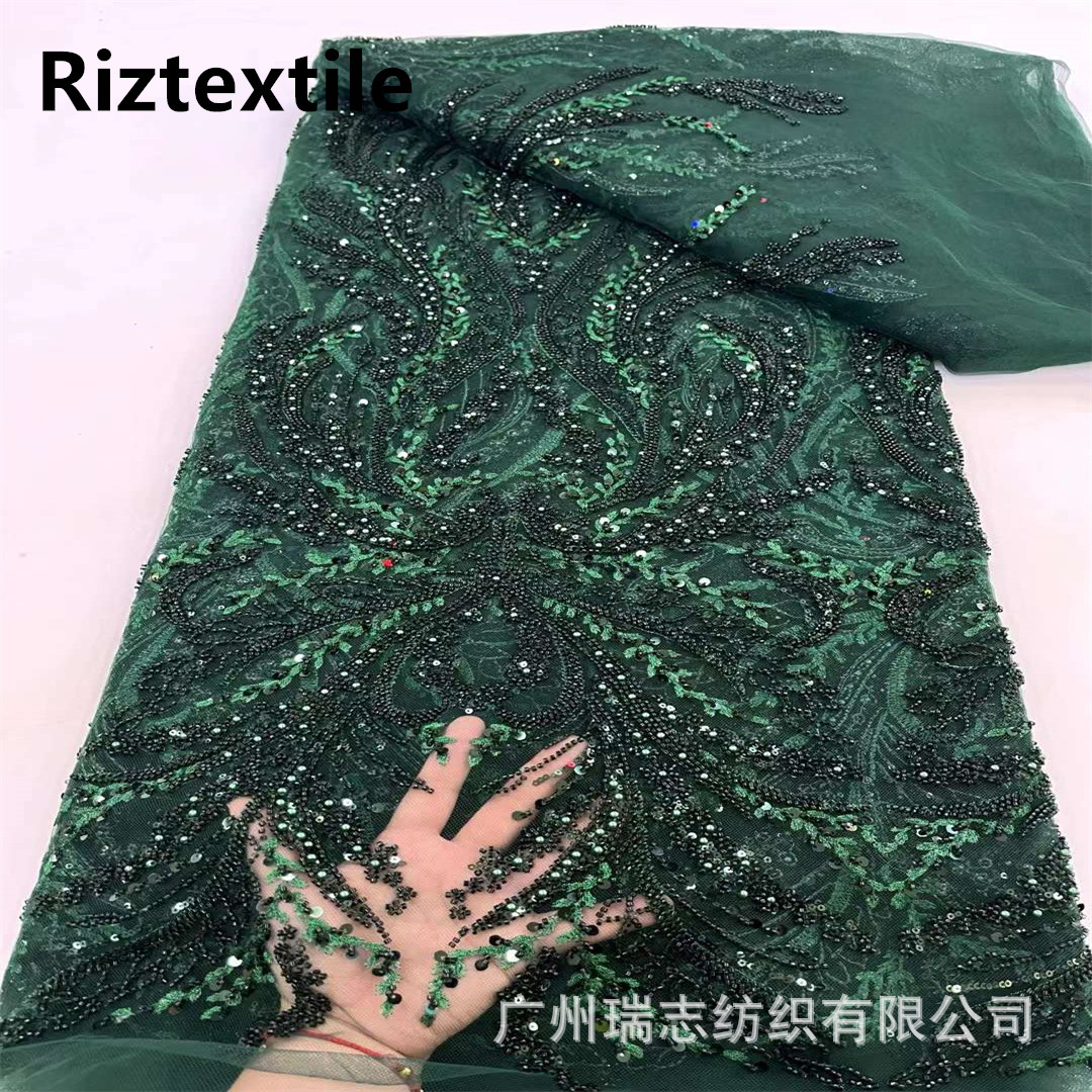 Foreign trade dark green high-end positioning flower beads sequins embroidered dress dress fabric African bride wedding embroidered cloth