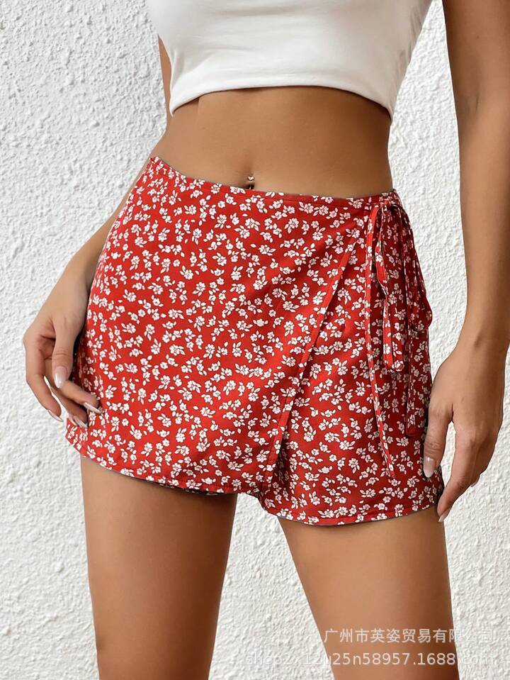 Shein Amazon 2025 Spring and Summer Popular Floral Lace-Up High-Waisted Shorts Casual Women's Loose Culottes Fashion