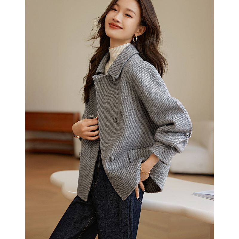 Spot Pineapple Pattern Woolen Outwear 2023 Winter New Simple Fashion Outwear Loose Double-Breasted Outwear for Women