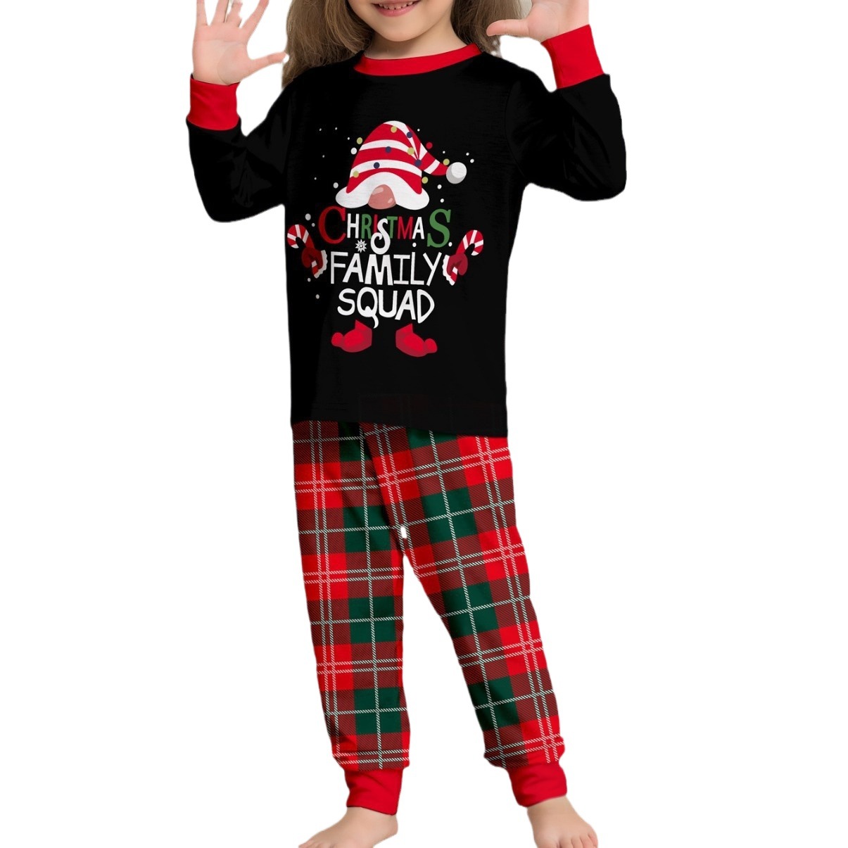 Picture of Cross-Border Christmas Cake Hat with Letters, New Plaid Long-Sleeved Two-Piece Home Clothes, Printed Round Neck, Family Parent-Child Clothes