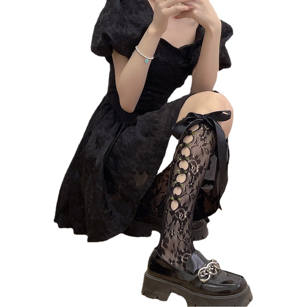 Pure Desire Sweet Girl Milk White Hollow Lace Silk Ribbon Bow Net Stockings Cuff Stockings High Stockings for Two