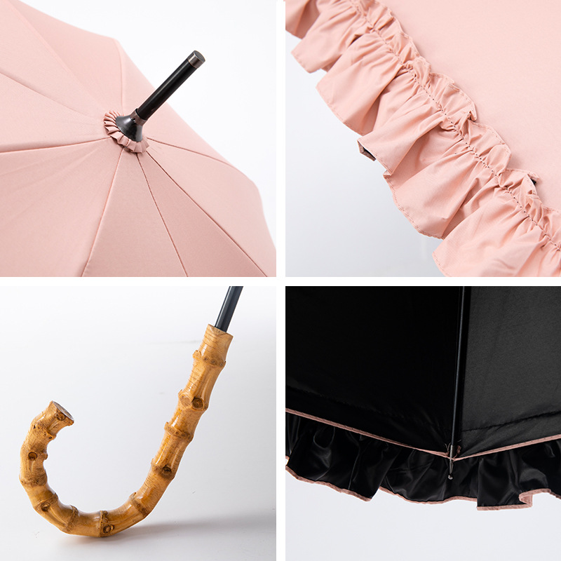 Picture of Large Lace Vinyl Sun Protection Umbrella Anti-Uv Parasol Bamboo Curved Handle Straight Umbrella Manual Sunny Umbrella Wholesale
