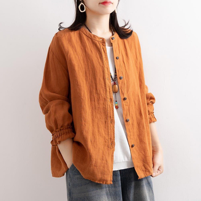 Picture of Artistic Retro Spring and Autumn Cotton Linen Shirt Women's Loose Round Neck Shirt Jacket Casual Jacket Neck Sleeve Top Women